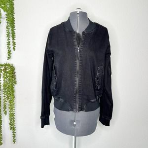 Ci Sono Black Denim Full Zip Long Sleeve Bomber Jacket Women's Size Medium M